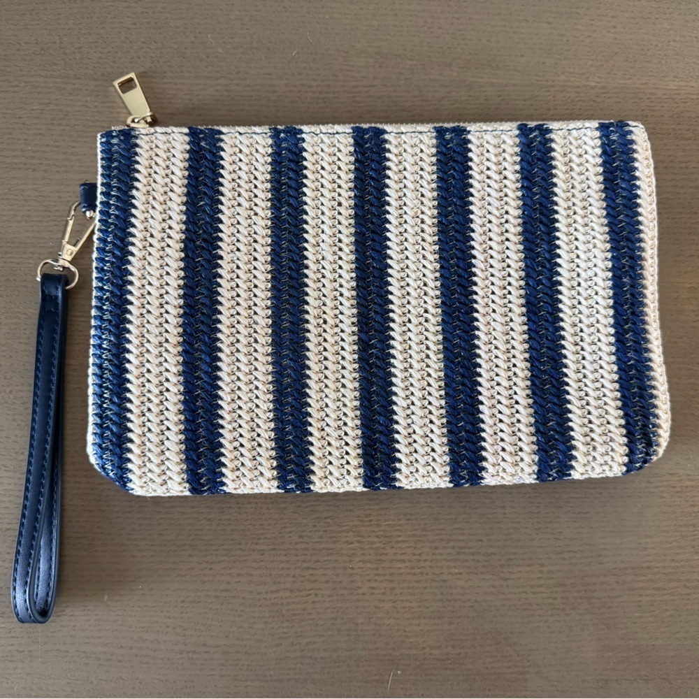 Madison West Blue and White Striped Clutch Zip Top Nautical Bag Wristlet Classic